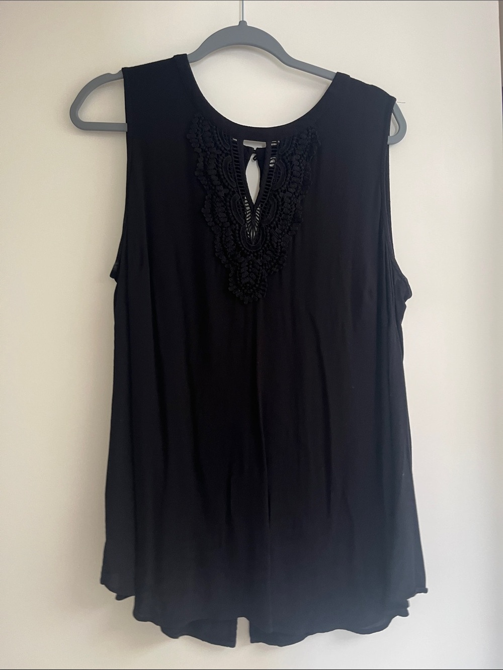 Women's Black Sleeveless Tank with Crochet Yoke